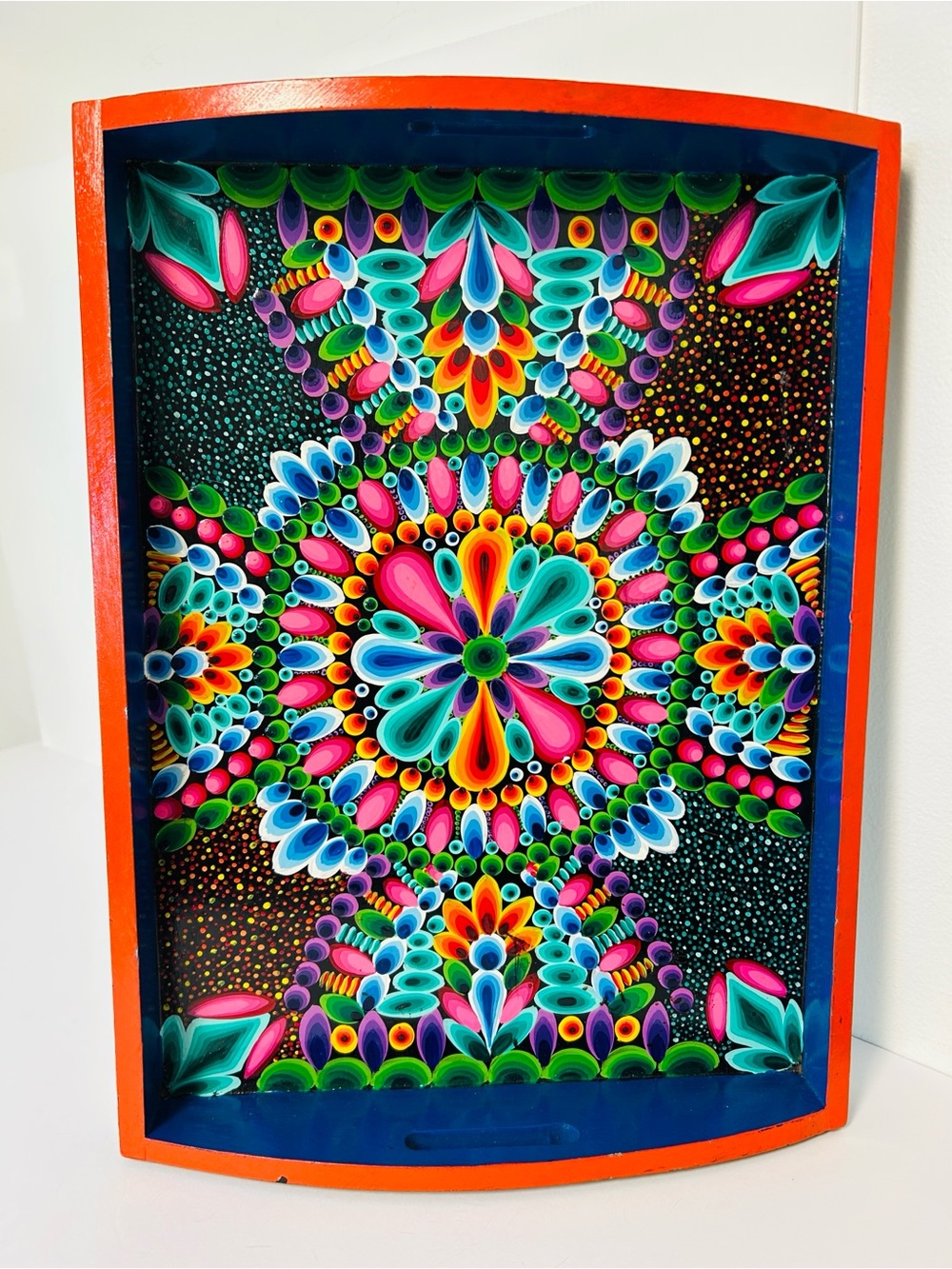 Boho Handpainted Mandala Art Vibrant Colorful Dot Art Wooden Floral Serving Tray